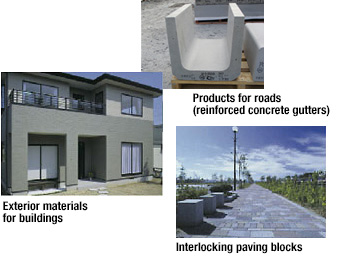 Exterior materials for buildings, Products for roads (reinforced concrete gutters), Interlocking paving blocks